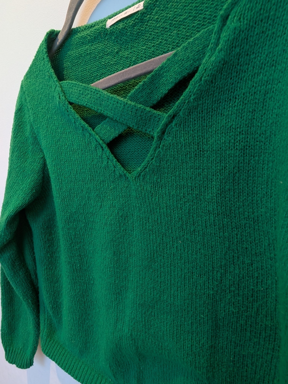 Emerald Green V-Neck Sweater with Crisscross Detail